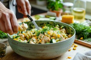 Легкий салат з пастою, куркою та кукурудзою