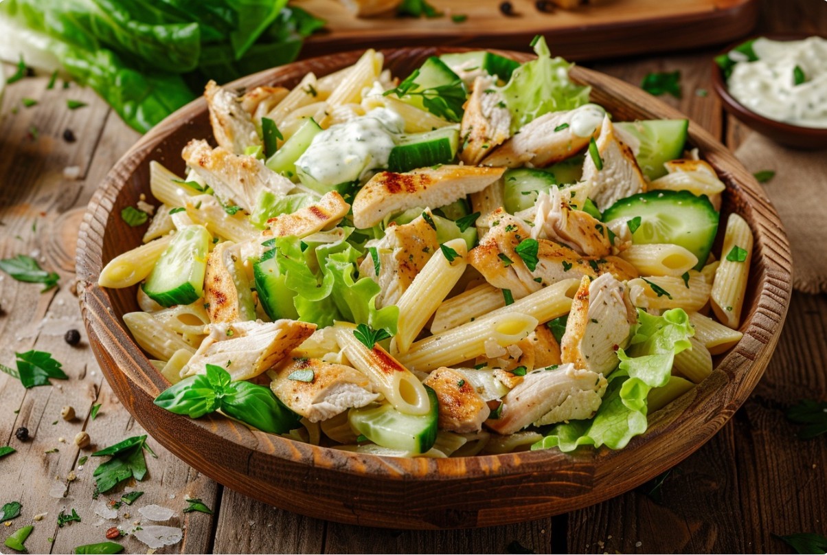Легкий салат з пастою, куркою та огірком