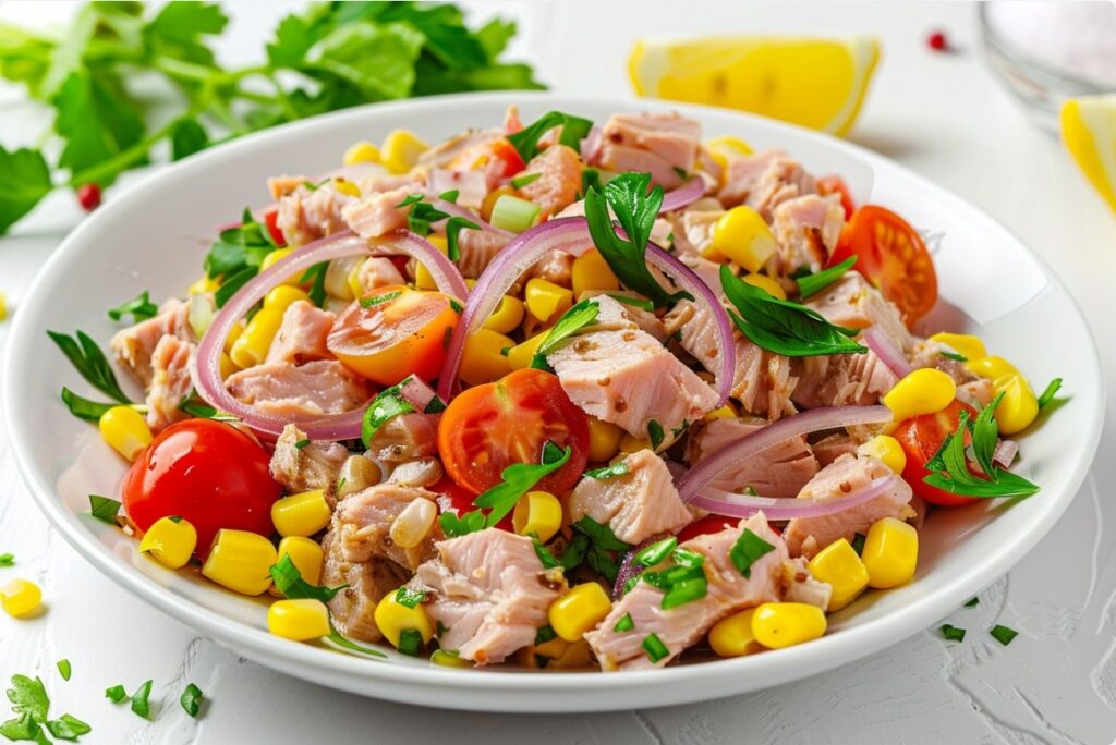 Легкий салат з тунцем, кукурудзою і помідорами