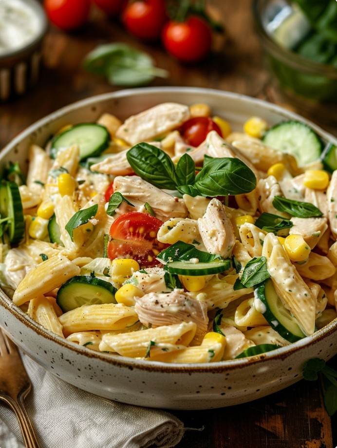 Літній салат з пастою, куркою та часником