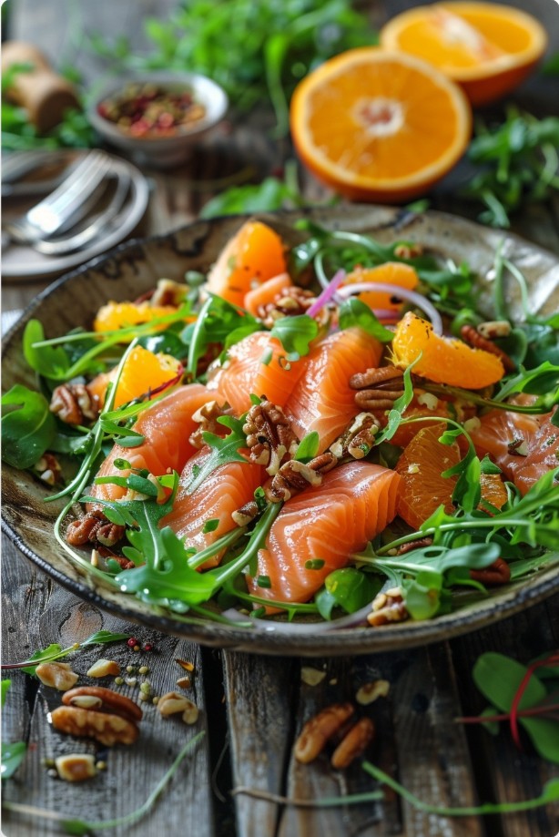 Лосось у салаті з руколою та горіхами.