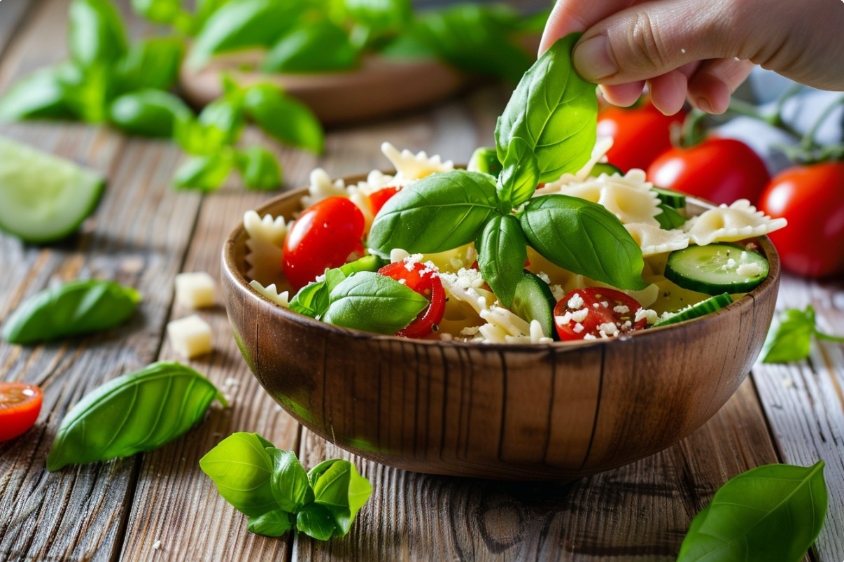 Макаронний салат без майонезу з базиліком