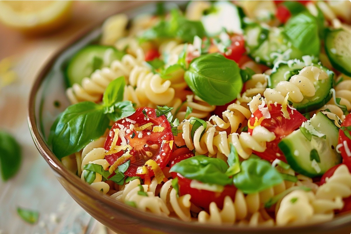 Макаронний салат з базиліком крупним планом