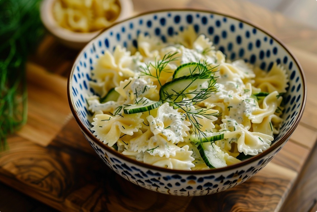 Макаронний салат з йогуртом та огірковою заправкою Rezept