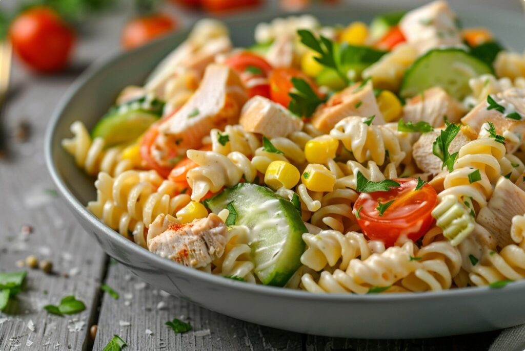 Макаронний салат з куркою і часником