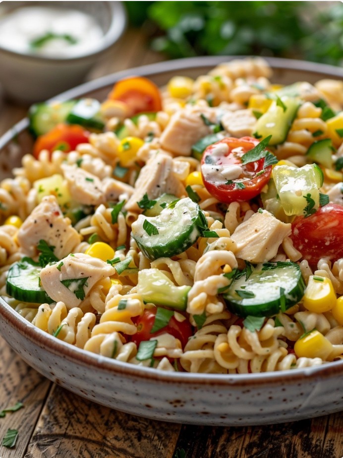 Макаронний салат з куркою і йогуртово-часниковим соусом