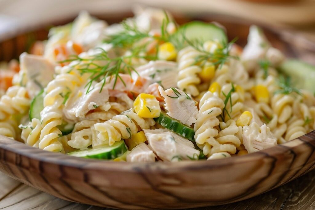 Макаронний салат з куркою і свіжим огірком