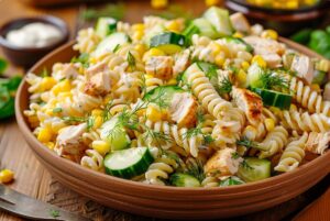 Creamy Chicken Pasta Salad with Sweetcorn (Yogurt Mustard Dressing)