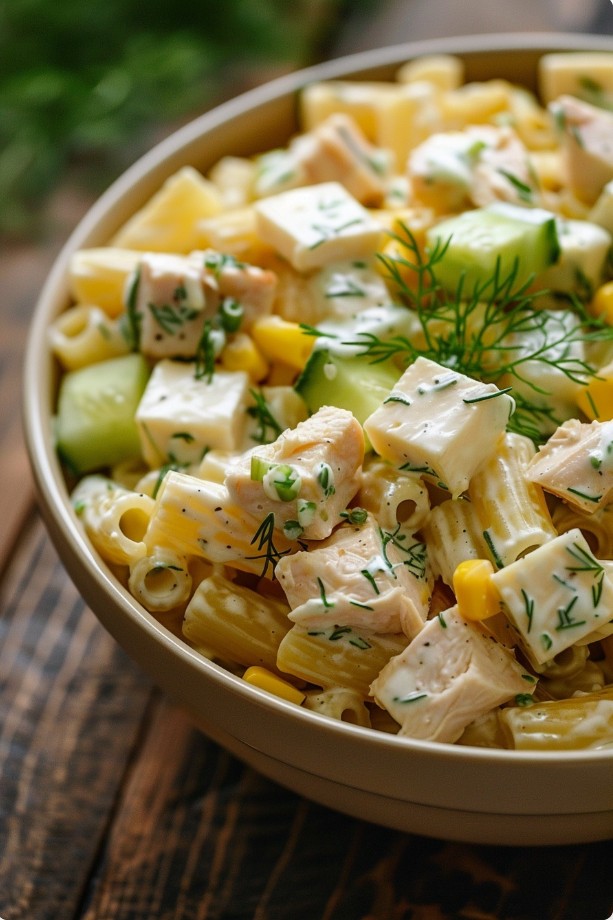 Chicken pasta salad with cheese cubes