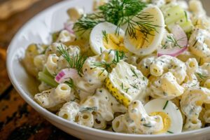 Klasyczna sałatka makaronowa z ogórkami konserwowymi (kiszonymi w occie)