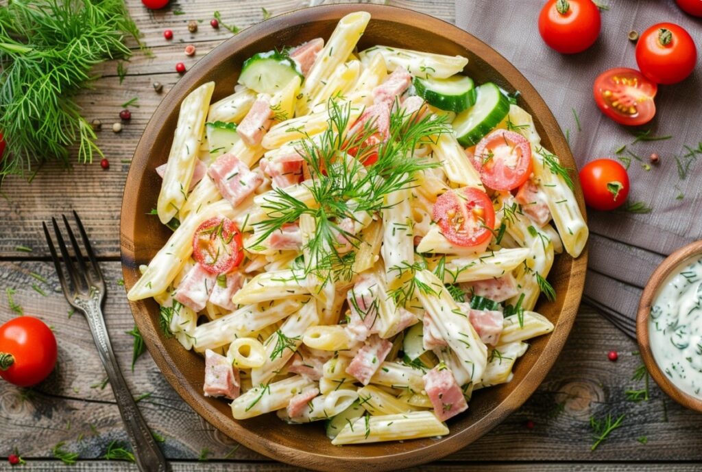 Макаронний салат з шинкою для обіду