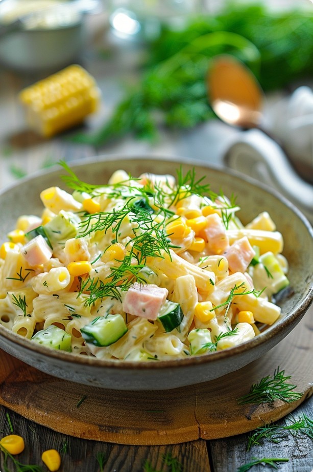 Макаронний салат з шинкою і йогуртовою заправкою