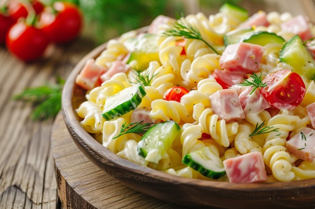 Макаронний салат з шинкою та огірком