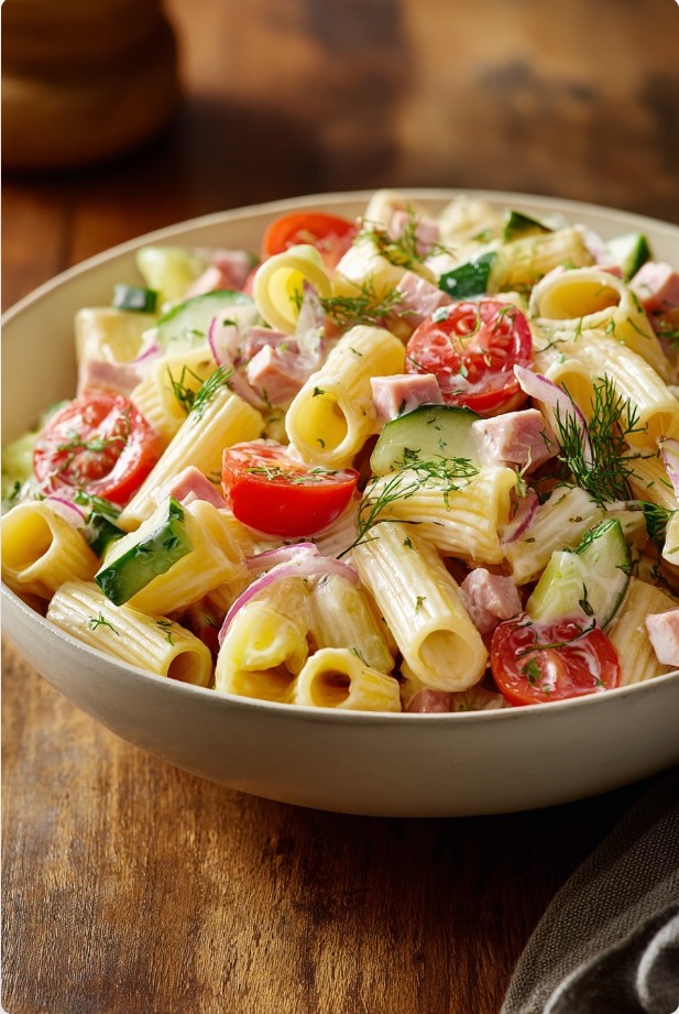 Макаронний салат з шинкою та помідорами чері