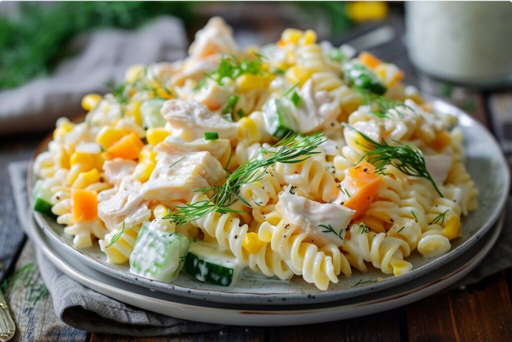 Pasta salad with cheese cubes
