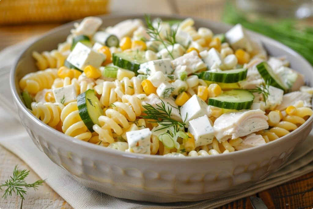 Pasta salad with cheese and herbs
