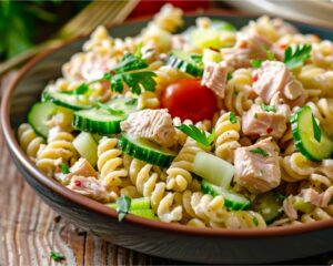 Макаронний салат з тунцем і йогуртовою заправкою