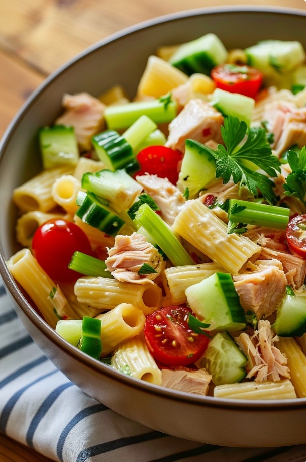 Макаронний салат з тунцем, огірком і йогуртовим соусом
