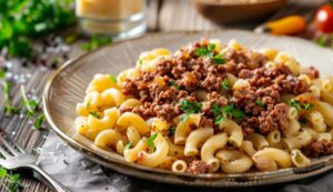 Макарони по-флотськи з м’ясним фаршем і цибулею