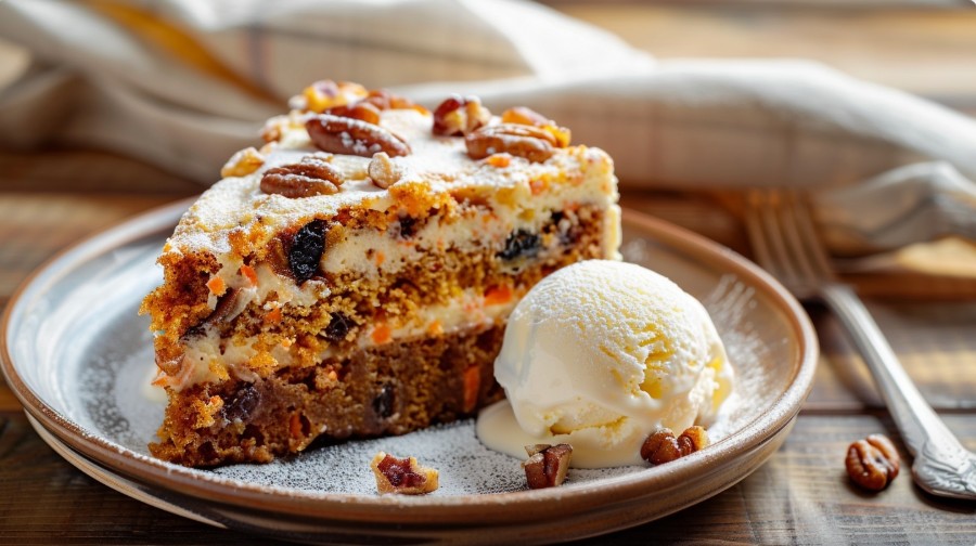 Морквяний пиріг з родзинками та горіхами поданий з морозивом