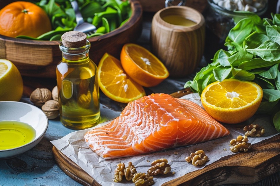 Набір продуктів для приготування салату з лососем та апельсином.