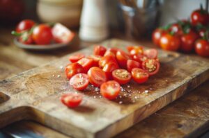 наріжте чері навпіл або сливки кубиком ~1,5 см, посипте 1 щіпкою солі й залиште