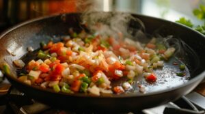 Наріжте цибулю та перець кубиками і обсмажте їх на оливковій олії