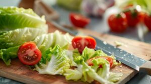 наріжте салат айсберг на великі шматки та помідори чері пополам