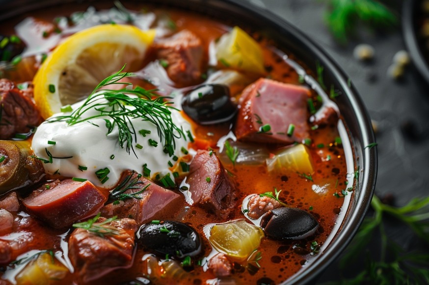 Насичена м’ясна солянка з лимоном і сметаною