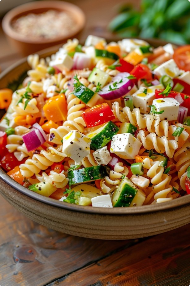 Осінній макаронний салат із сиром і овочами