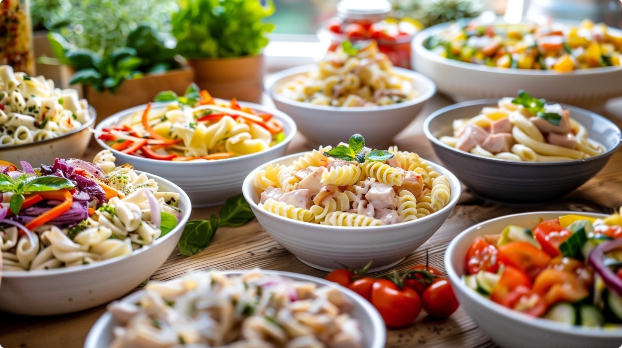 pasta salad with vegetables and creamy dressing in a bowl