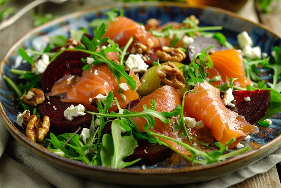 подача салату з лососем, буряком та сиром фета