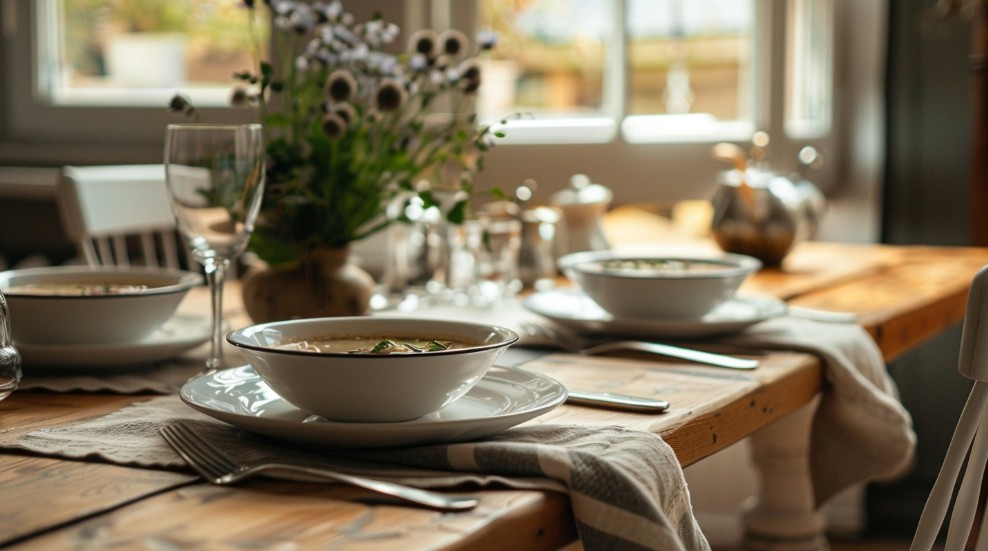 Подача супу для гостей на обідньому столі