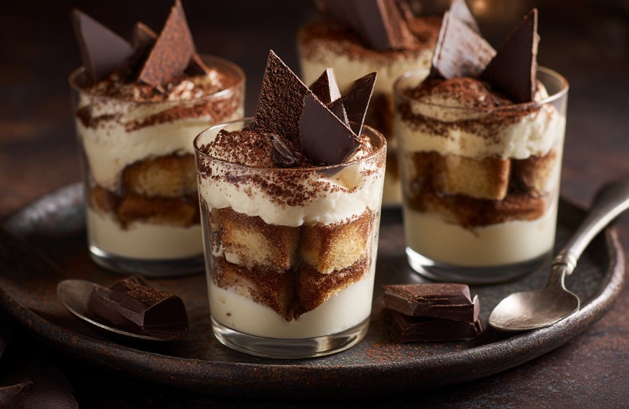 подача тірамісу в склянках з шоколадом