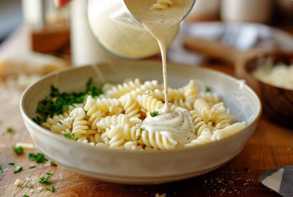 Proces mieszania makaronu z dressingiem