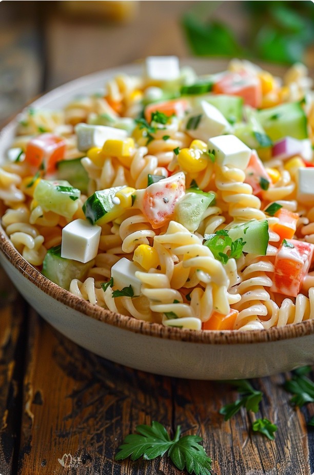 Простий салат з макаронами та сирними кубиками