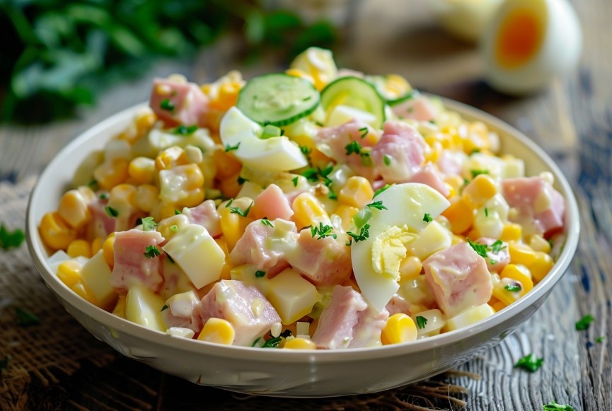 Простий салат з шинкою, кукурудзою та майонезом