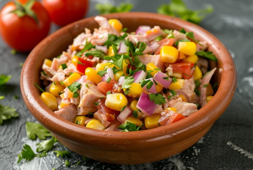 Простий салат з тунцем, кукурудзою і томатами