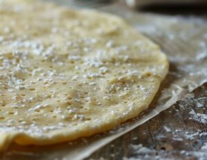 Розкачайте порцію тіста на пергаменті в коло 22–24 см