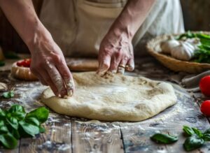 Розтягніть тісто руками від центру до країв до товщини близько 2–3 мм