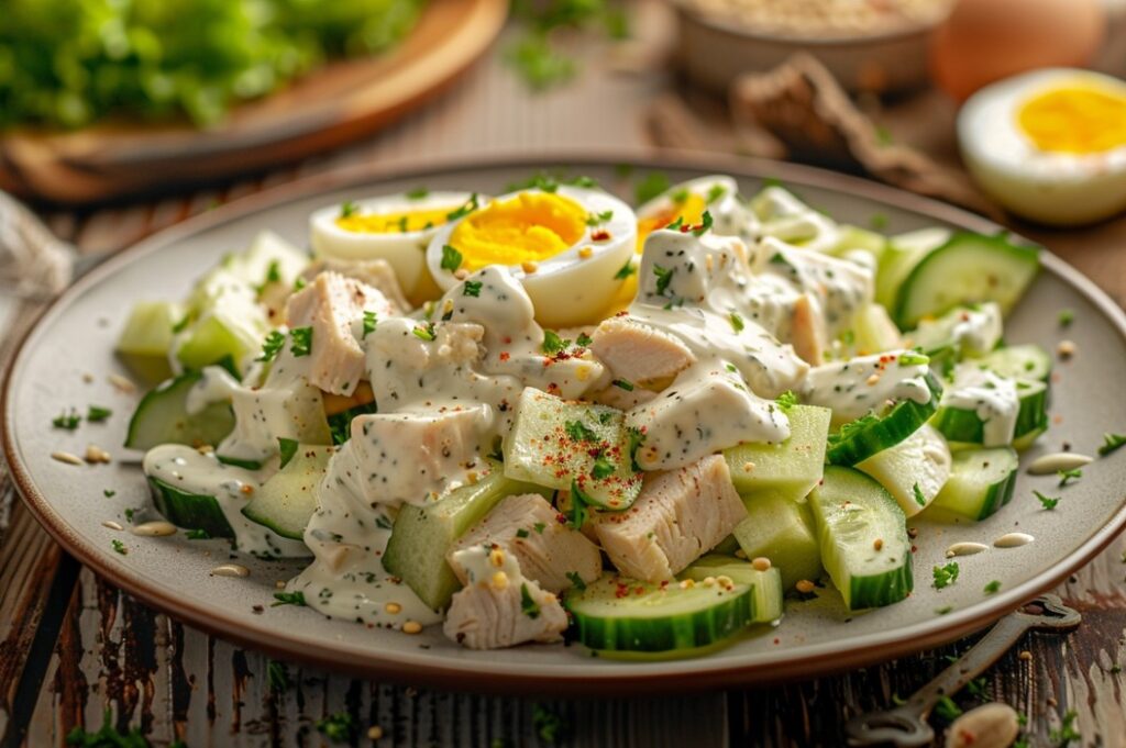 Салат з індичкою, яйцем та маринованими огірками