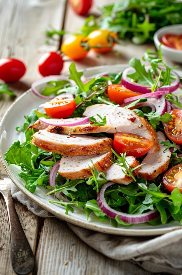 Салат з індичкою, зеленню та червоною цибулею