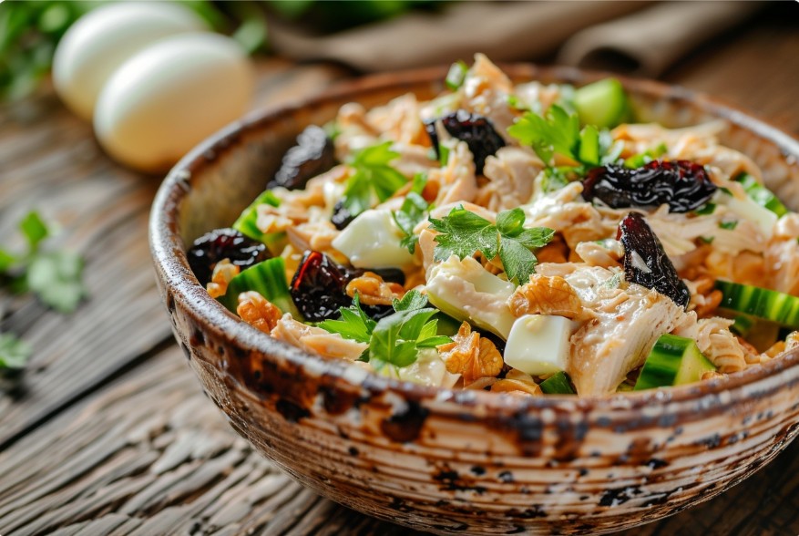 Салат з копченою куркою, яйцями та чорносливом