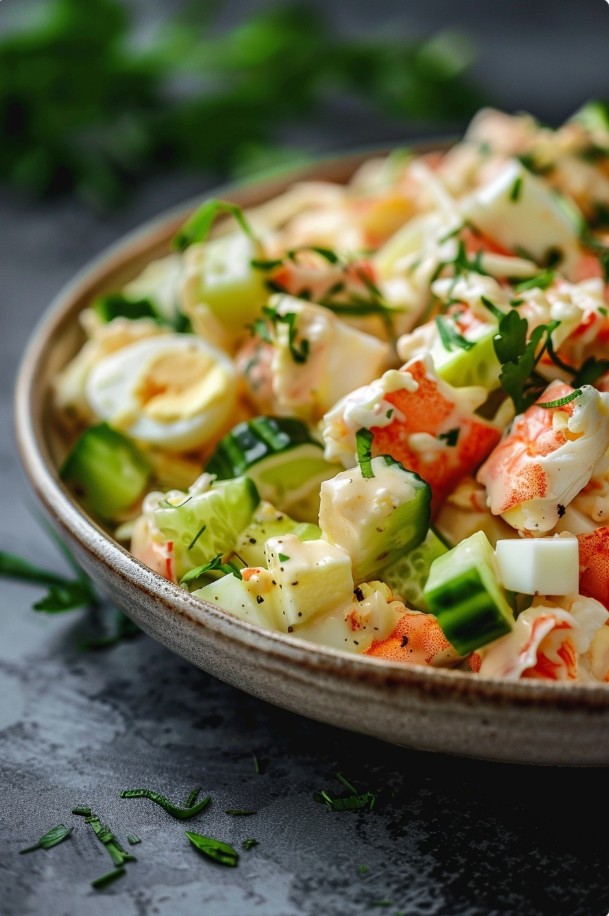 Sałatka z paluszkami krabowymi, świeżym ogórkiem i jajkiem
