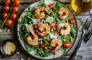 Салат з креветками, пармезаном та кедровими горішками