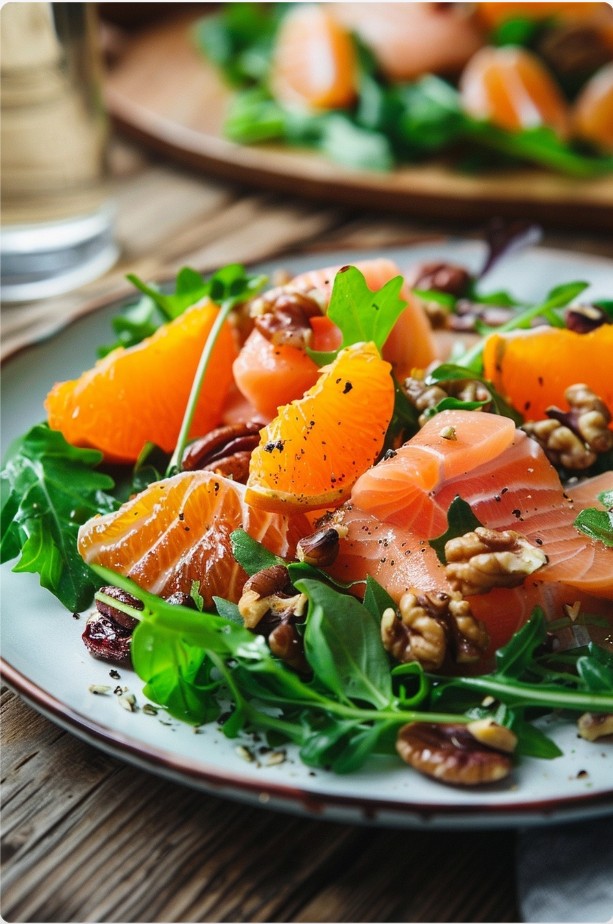 Салат з лососем та апельсином крупним планом
