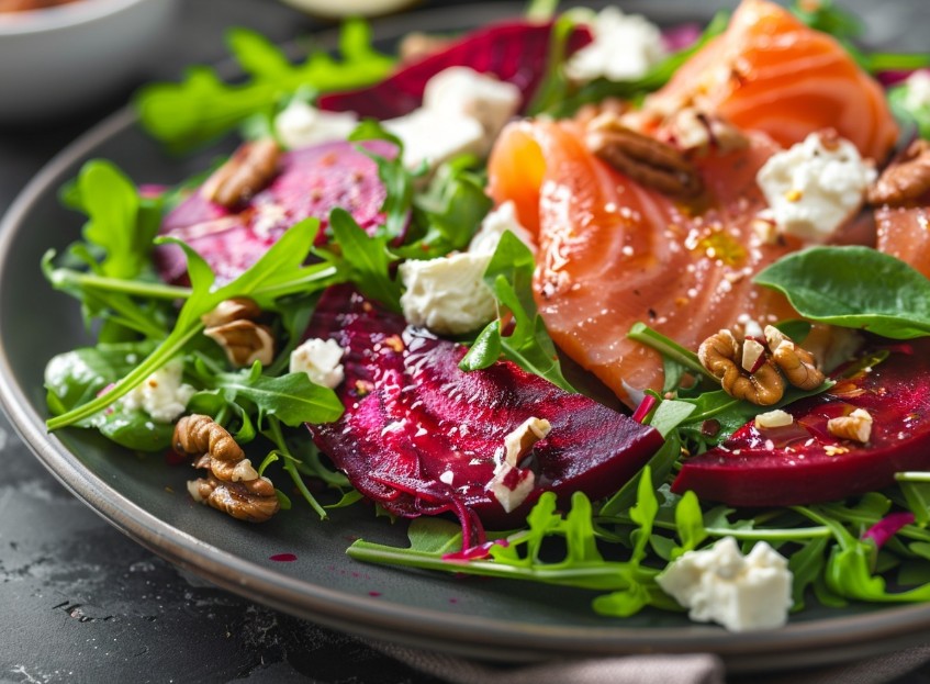 Салат з лососем та запеченим буряком