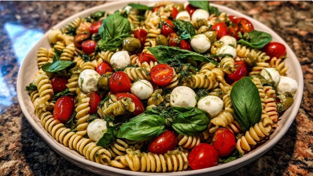 Colorful pasta salad with fresh ingredients