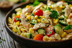 Салат з макаронами і куркою у часниковій заправці