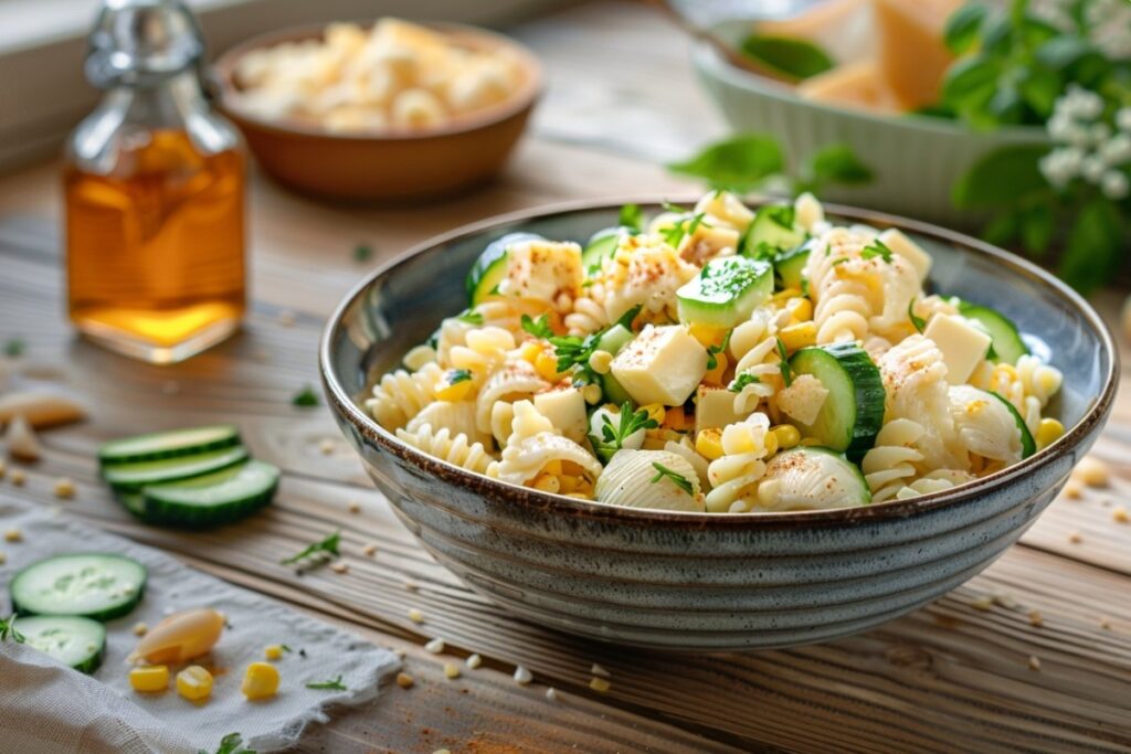 Салат з макаронами і сиром у лимонно-гірчичній заправці